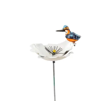 Garden Stick Flower with Kingfisher - Metal - White Garden Flower