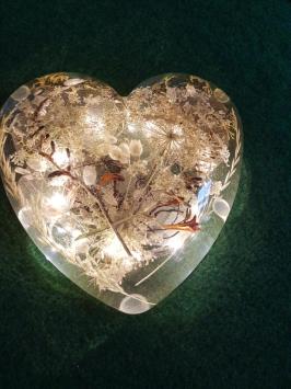 Beautiful large epoxy resin heart with flowers, heart with light