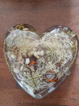 Beautiful large epoxy resin heart with flowers, heart with light