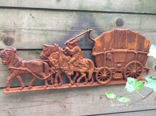 Wall decoration, cast iron fireplace backrest, Farm horse with carriage.