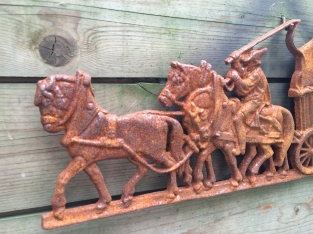 Wall decoration, cast iron fireplace backrest, Farm horse with carriage.