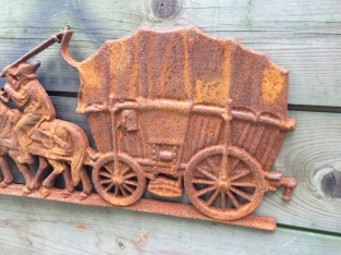 Wall decoration, cast iron fireplace backrest, Farm horse with carriage.