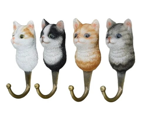 Set of 4 Wall Hooks with Cat Heads – Polyresin & Brass