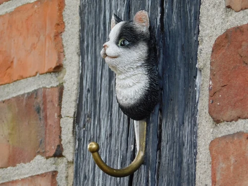 Set of 4 Wall Hooks with Cat Heads – Polyresin & Brass