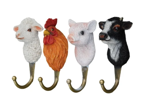 Set mit 4 Wandhaken mit Bauernhoftierköpfen – Polyresin & Messing