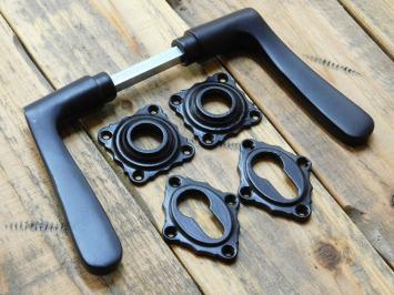 Set of Door Handles with Square Backplates and PC Lock Backplates - Black