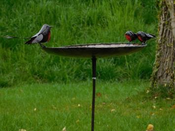 Vogelbad - Zwart met Rode Vogeltjes 2 om 1 - Tuinsteker - Metaal